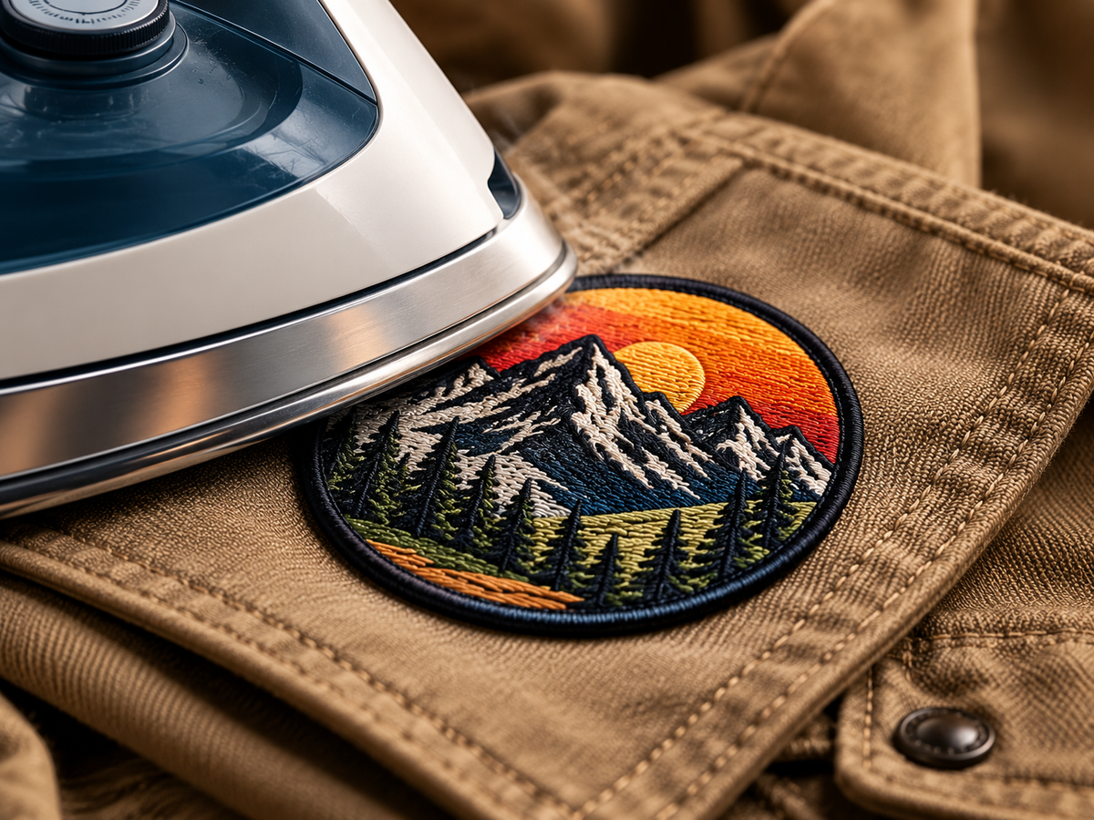 Custom iron-on patch being heat pressed onto fabric with an iron