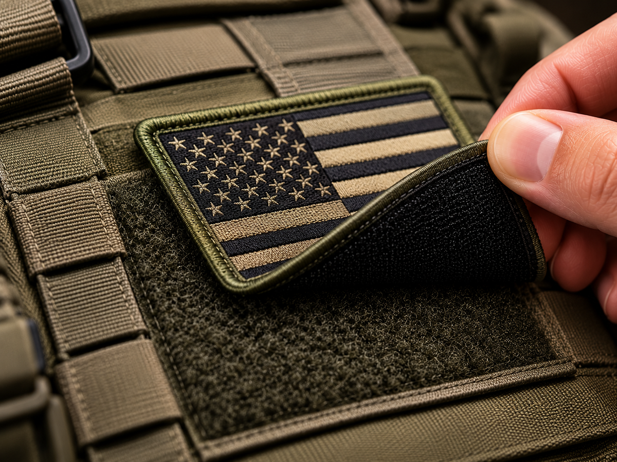 Custom Velcro patch being lifted from a hook and loop backing on an olive fabric panel