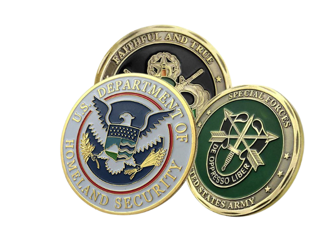 High-quality custom challenge coins featuring detailed military and corporate designs, crafted by Embrolab for teams, organizations, and events worldwide.