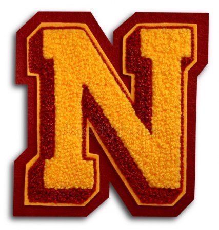 Close-up of a custom chenille letter patch “N” with yellow and red yarn, perfect for varsity jackets and letterman patches.