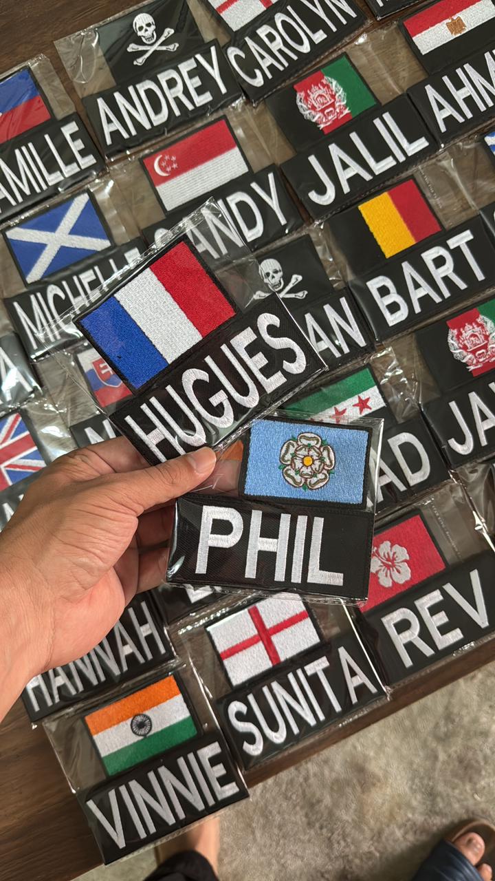 Custom embroidered patches name tag with country flag, personalized logo embroidery patches used for uniforms and embroidery patches for clothes.