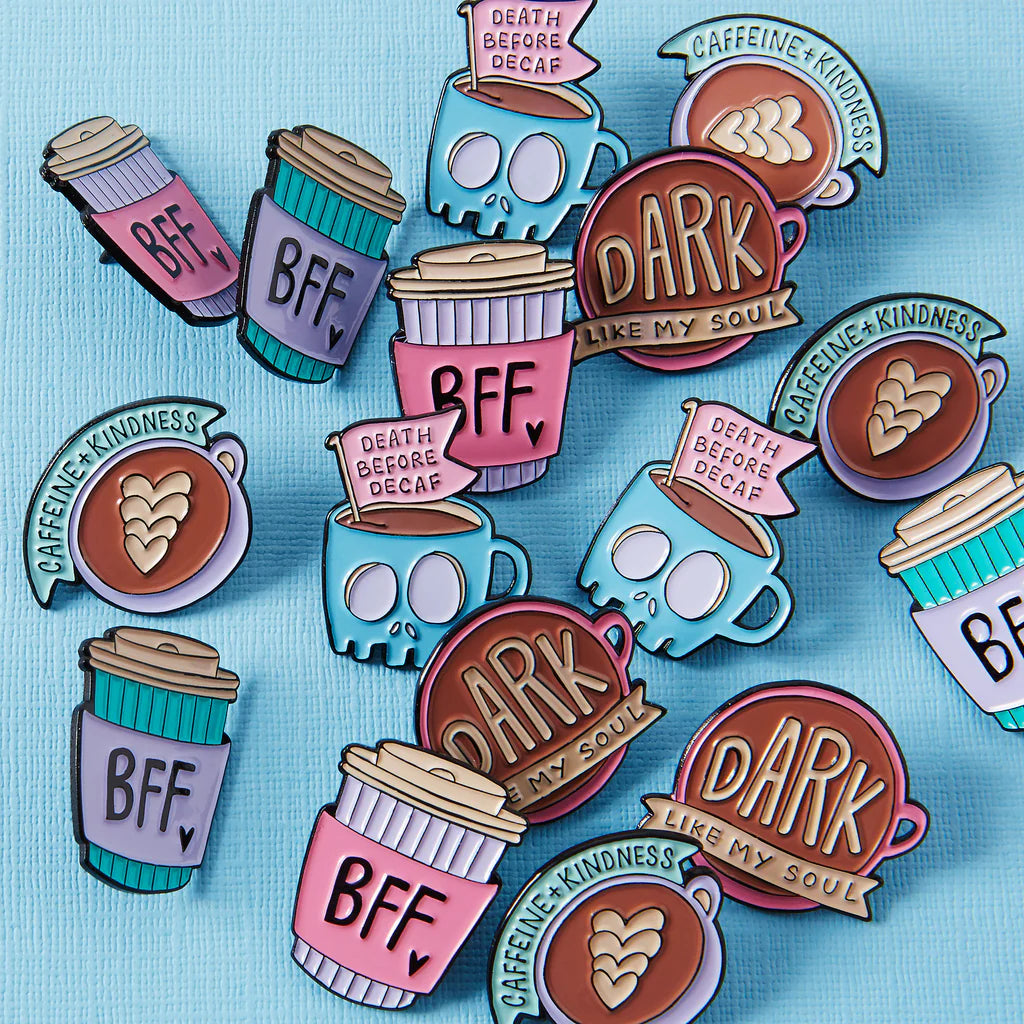 Colorful custom enamel pin badges featuring fun coffee-themed designs like “BFF,” “Dark Like My Soul,” and “Death Before Decaf,” perfect for gifts, branding, and collectibles.