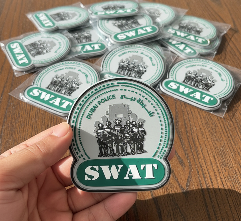 Custom PVC patch designed for Dubai Police SWAT team, featuring tactical unit design with durable rubber material, ideal for uniforms and gear.