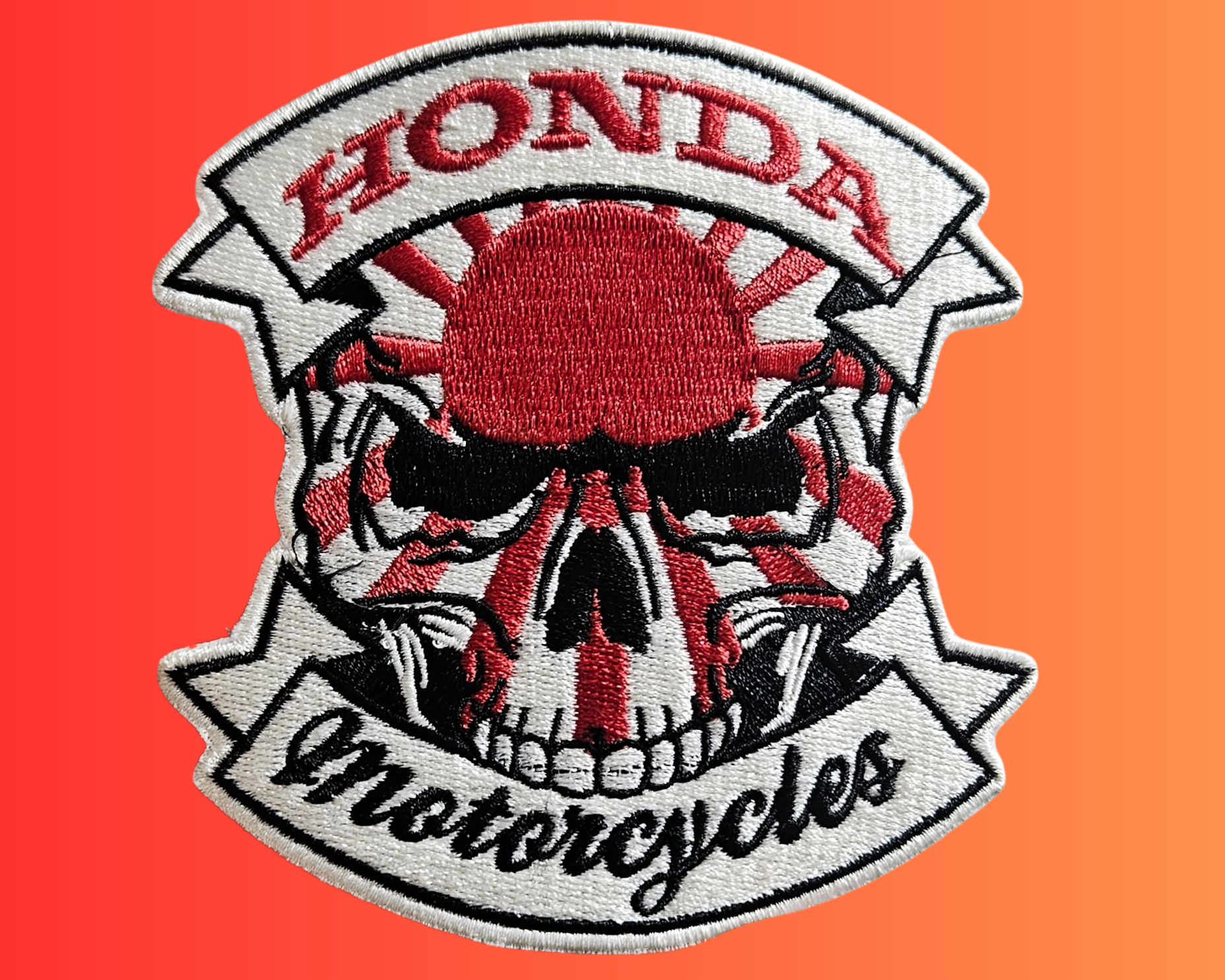 Side-by-side comparison showing a printed Honda Motorcycle design transformed into a custom embroidered patch for clothes, highlighting detailed stitching, vibrant colors, and premium craftsmanship.
