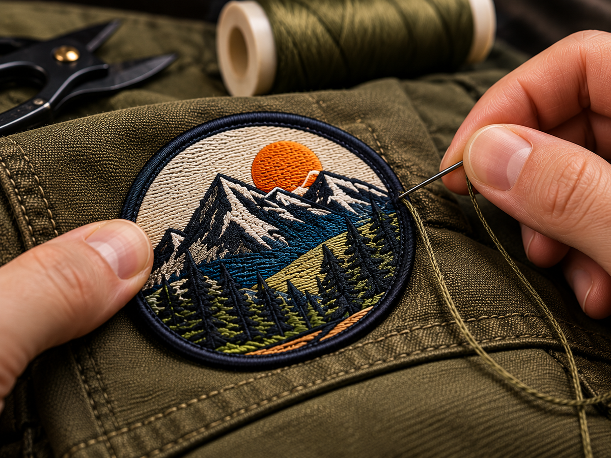Custom sew-on patch being stitched onto fabric with a needle and thread