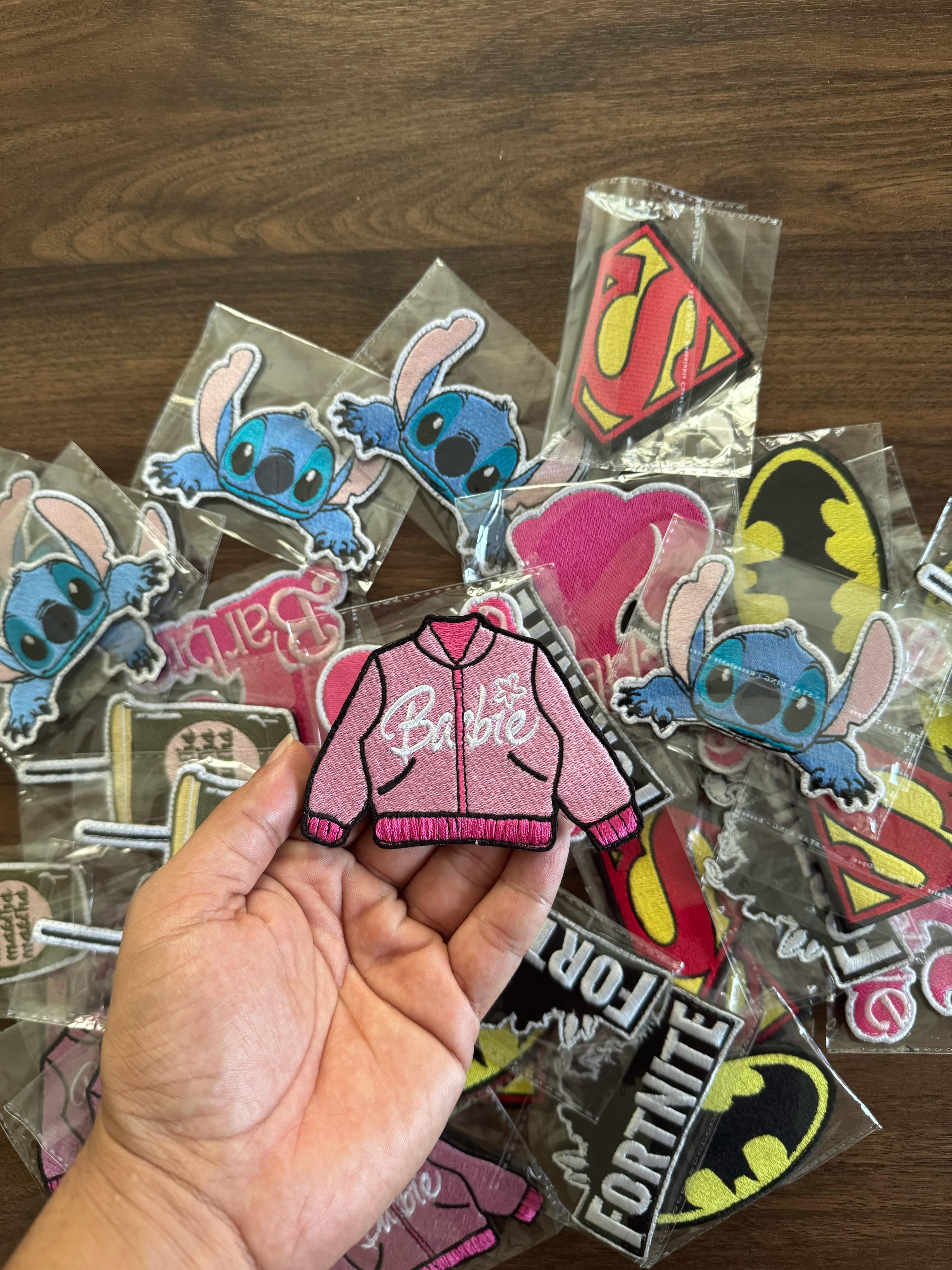 Sew-on embroidered Barbie jacket patch in pink, designed for clothes, jackets, and bags