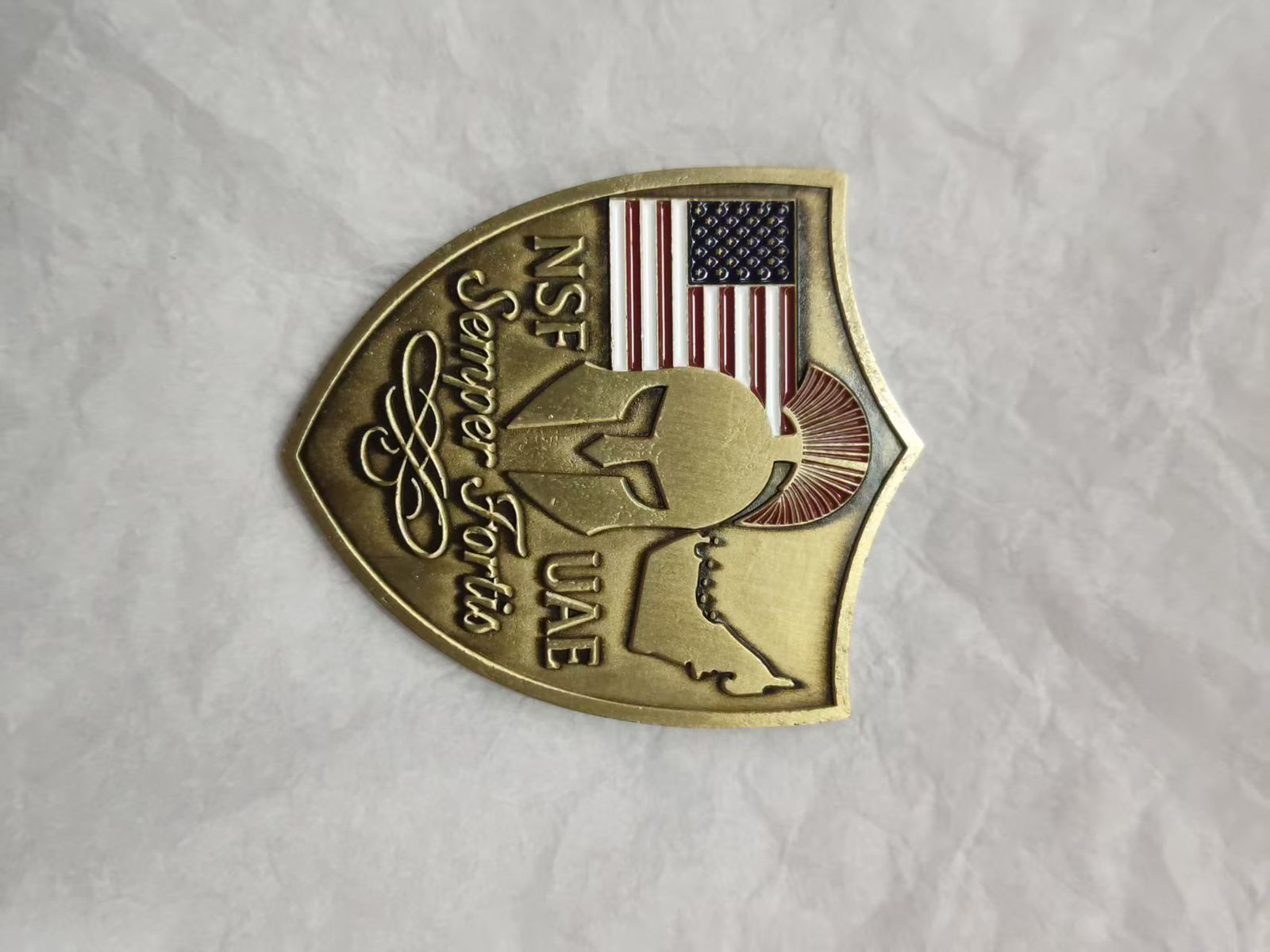 Custom challenge coin featuring Dubai skyline and Burj Khalifa in antique gold finish. Premium personalized coin design ideal for command coins, military coins, and award coins.