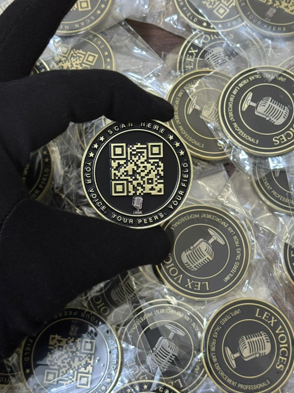 Lex Voices custom coin featuring engraved QR code and gold edge detailing. A premium personalized coin design for branding and event giveaways.